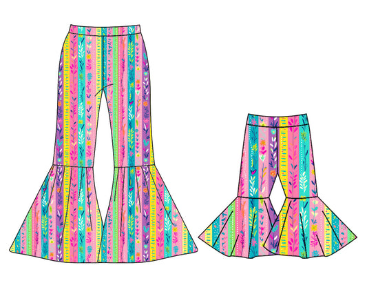 11.13(Custom Design Preorder MOQ 5 Each Design) Flowers Stripes Print Spring Bell Bottom Pants Mom and Me Matching Clothes