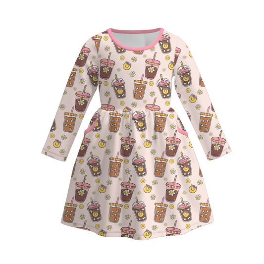 (Custom Design Preorder MOQ 5) Coffee Smiling Face Print Girls Knee Length Fall Dress