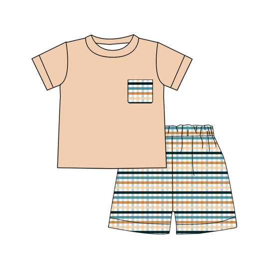 (Custom Design Preorder MOQ 5) Pockets Top Stripes Shorts Boys Summer Clothes Set