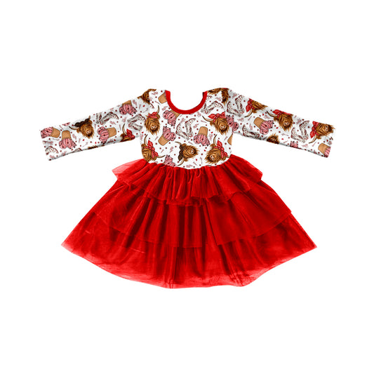 (Custom Design Preorder MOQ 5) Highland Cow Heart Boots Print Girls Valentine's Knee Length Tulle Dress