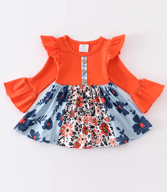 (Custom Design Preorder MOQ 5)  Orange Flowers Print Girls Knee Length Dress