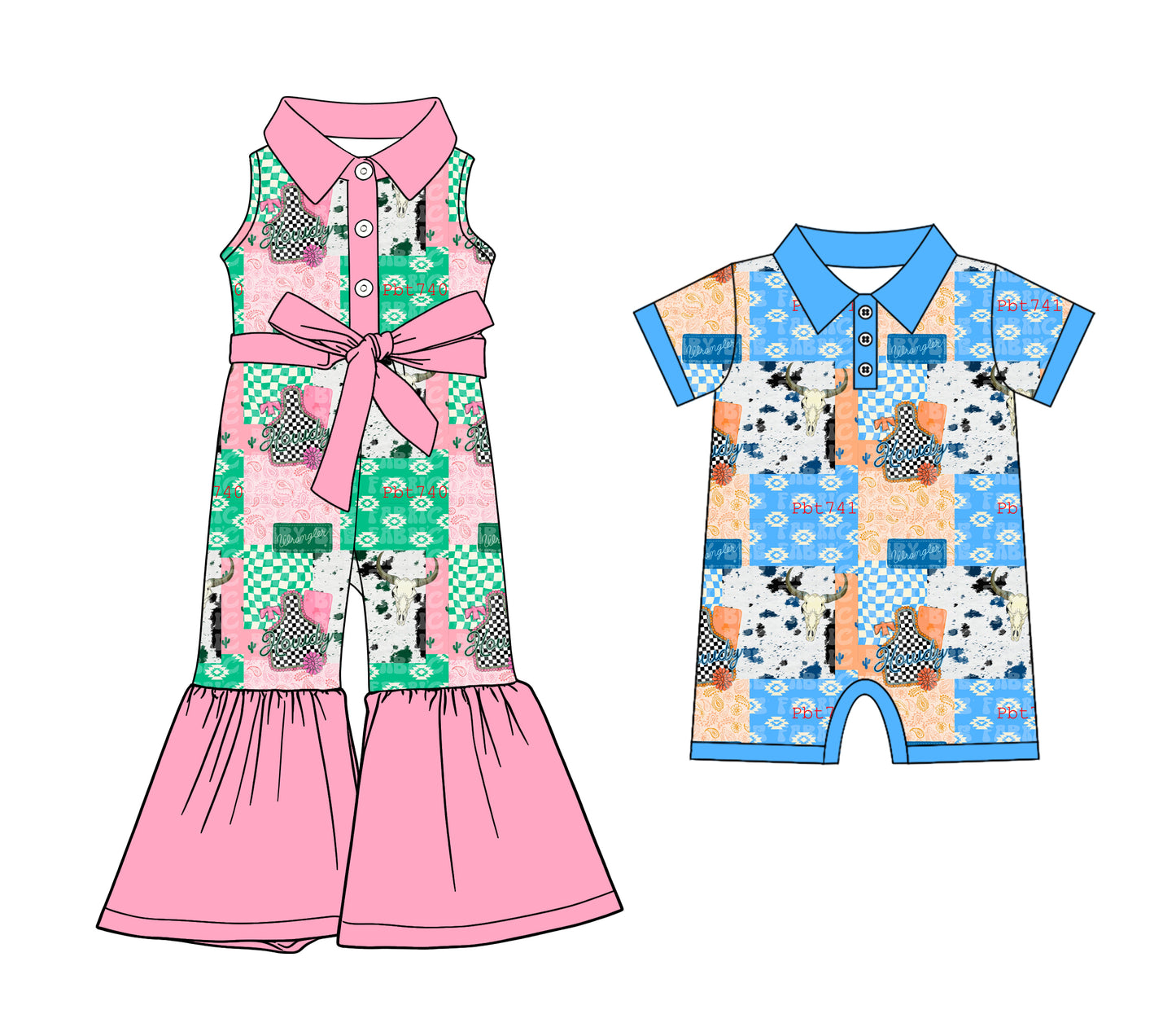 12.8 (Custom Design Preorder MOQ 5 Each Design) Howdy Cow Skull Aztec Plaid Print Kids Summer Western Matching Clothes Sibling Wear