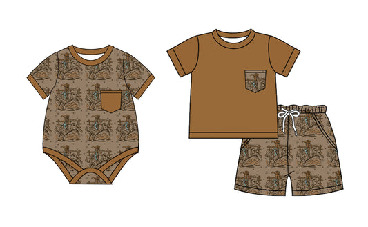 2.22(Custom Design Preorder MOQ 5 Each Design)  Cowboys Brown Print Boys Summer Matching Clothes Brothers Wear