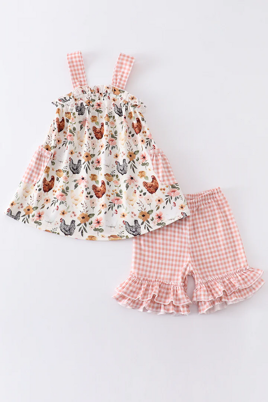 (Custom Design Preorder MOQ 5) Chicken Flowers Print Girls Pockets Summer Clothes Set