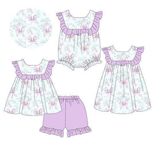 2.20(Custom Design Preorder MOQ 5 Each Design) Flowers Purple Bows Print Girls Summer Matching Clothes Sisters Wear