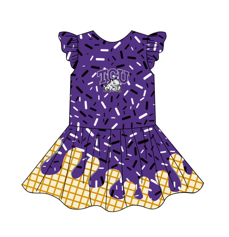 (Custom Design Preorder MOQ 5) Team's Purple Sprinkles Print Girls Summer Knee Length Dress