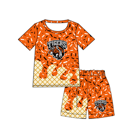 (Custom Design Preorder MOQ 5) Team's TIGERS Orange Sprinkles Shorts Boys Summer Clothes Set
