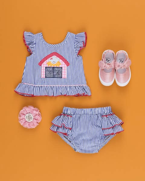 (Custom Design Preorder MOQ 5) Farm House Stripes Top Ruffle Shorts Baby Girls Summer Bummie Set
