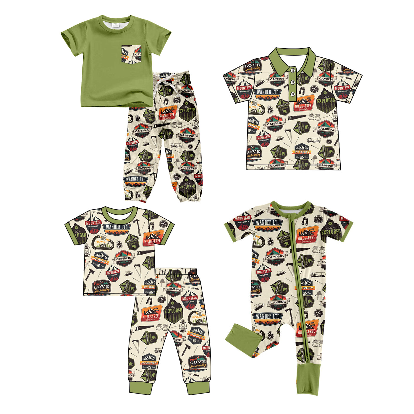 12.8 (Custom Design Preorder MOQ 5 Each Design) Camping Green Print Boys Matching Clothes Brothers Wear