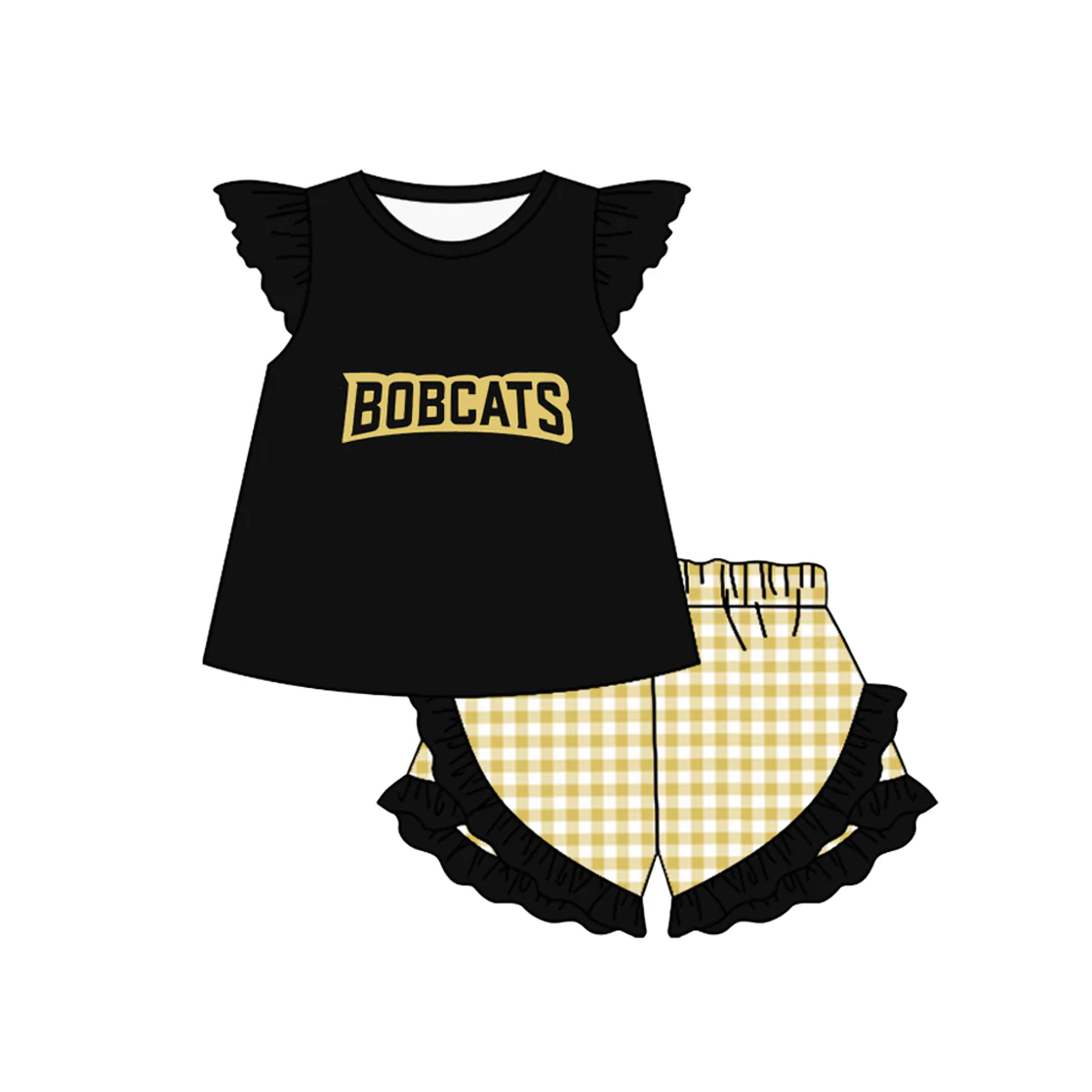 (Custom Design Preorder MOQ 5) Team's BOBCATS Top Plaid Shorts Girls Summer Clothes Set