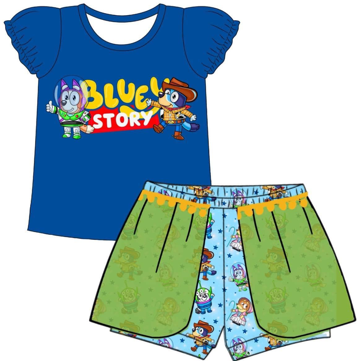 (Custom Design Preorder MOQ 5) Blue Cartoon Dog Print Girls Summer Clothes Set
