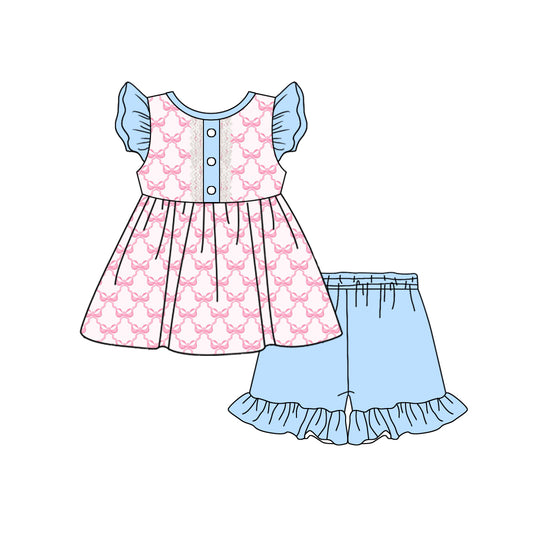 11.30(Custom Design Preorder MOQ 5 ) Pink Bows Tunic Top Blue Shorts Girls Summer Clothes Set