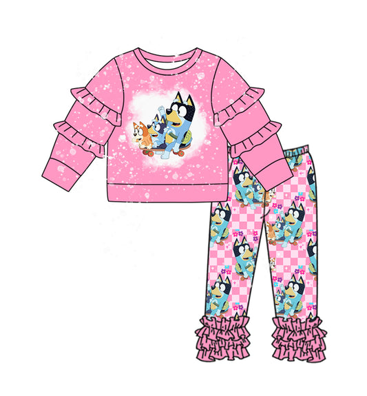 (Pre-order)GLP2088  Cartoon Dog Pink Ruffle Top Icing Pants Girls Fall Clothes Set