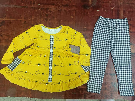 (Custom Design Preorder MOQ 5) Bee Yellow Tunic Top Plaid Pants Girls Fall Clothes Set