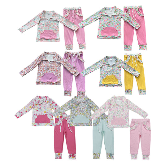 7 Colors Colorful Flowers Zipper Top Pockets Pants Girls Clothes Set Sisters Wear