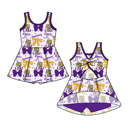 (Custom Design Preorder MOQ 5) Team's LSU Tigers Bows Print Backless Top Shorts Skirts Girls Summer Yoga Dress