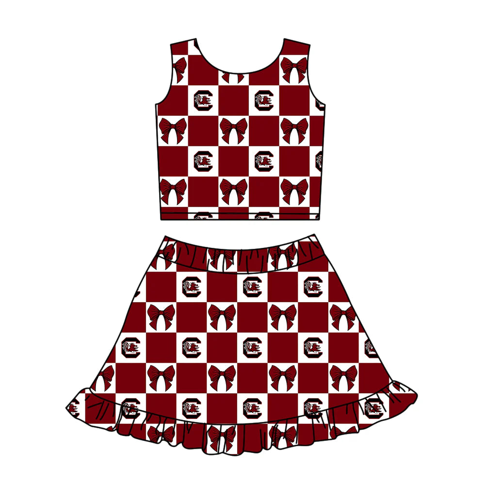 (Custom Design Preorder MOQ 5 Each Color) Team's Gamecock Bows Plaid Print Girls Summer Clothes Sisters Matching Wear