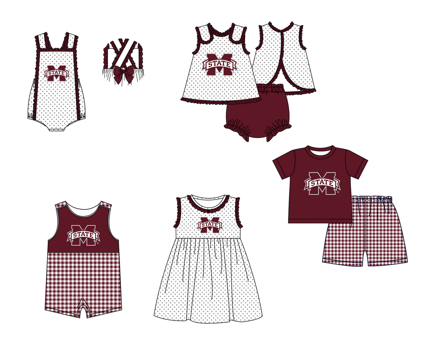 (Custom Design Preorder MOQ 5 Each Item) Team's Mississippi State Print Kids Summer Matching Clothes Sibling Wear