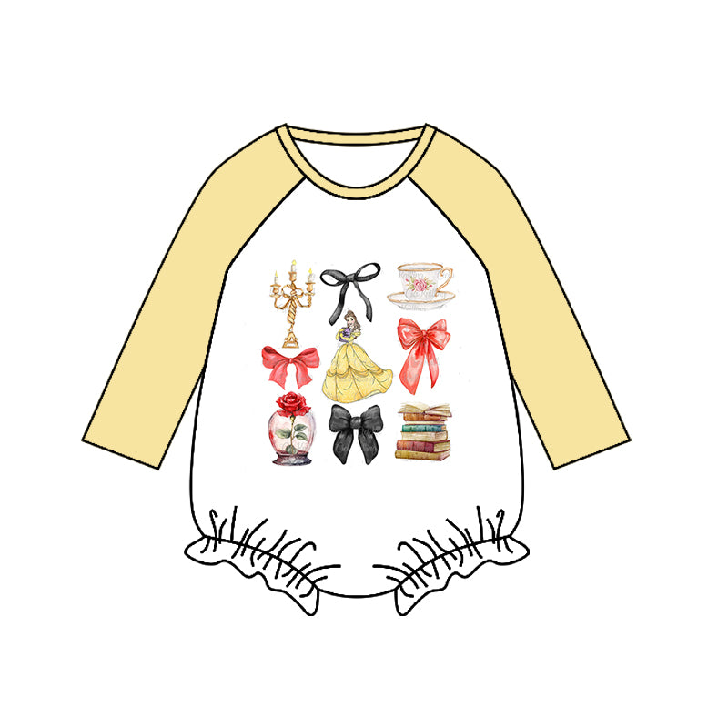 (Custom Design Preorder MOQ 5) Cartoon Princess Yellow Print Baby Girls Romper