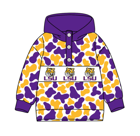 (Custom Design Preorder MOQ 5) Team's LSU Tigers Camo Print Kids Long Sleeve Buttons Hoodie Top