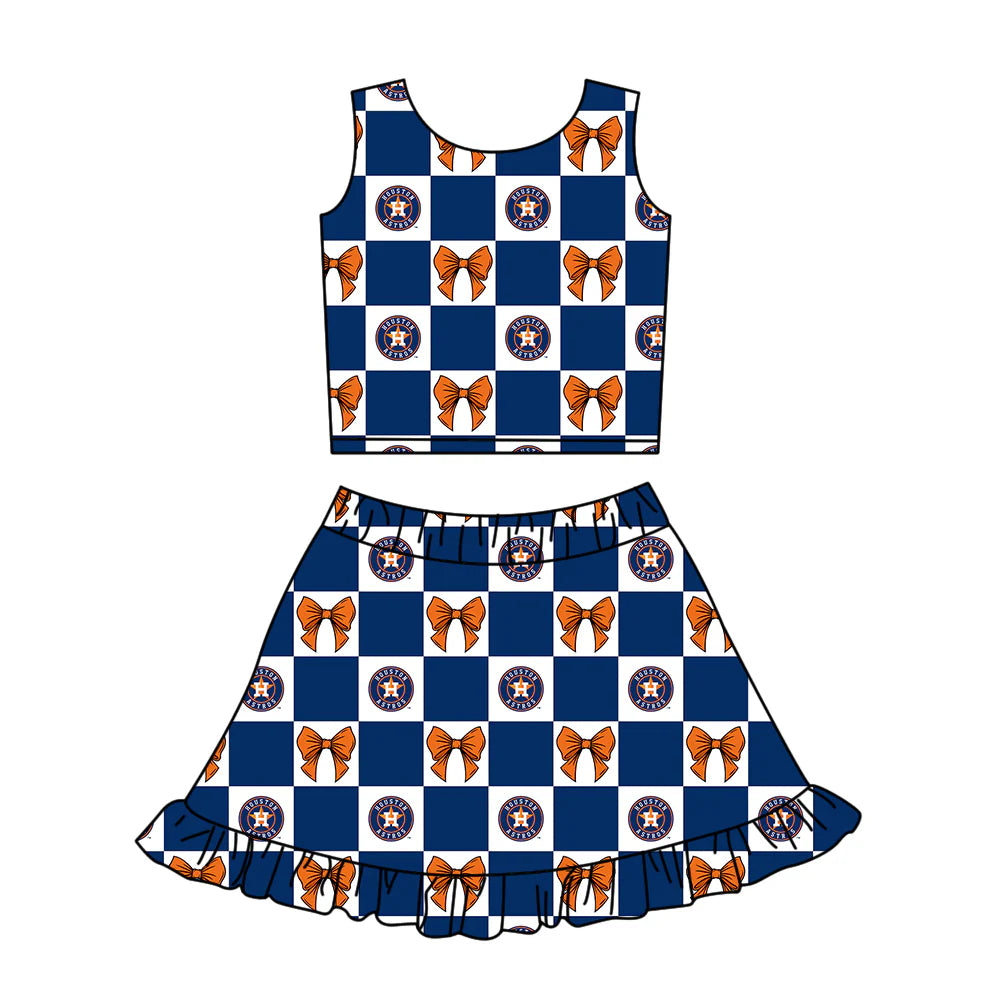 (Custom Design Preorder MOQ 5 Each Color) Team's Houston Astros Bows Plaid Print Girls Summer Clothes Sisters Matching Wear
