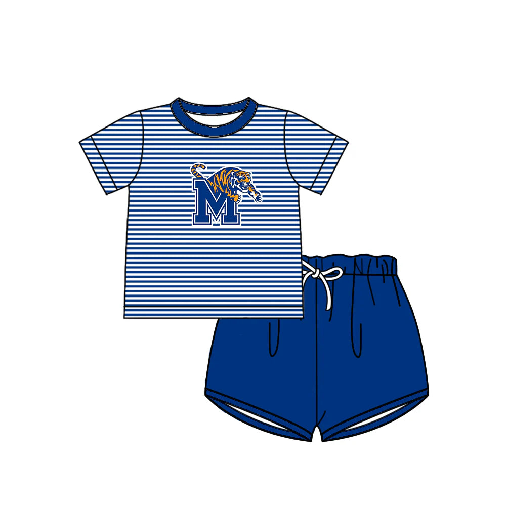 (Custom Design Preorder MOQ 5)  Team's Memphis Tigers Top Blue Shorts Boys Summer Clothes Set