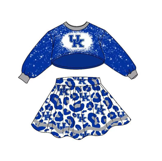 (Custom Design MOQ 5) Blue Long Sleeve Top Leopard Skirts Girls Football Team's Clothes Set