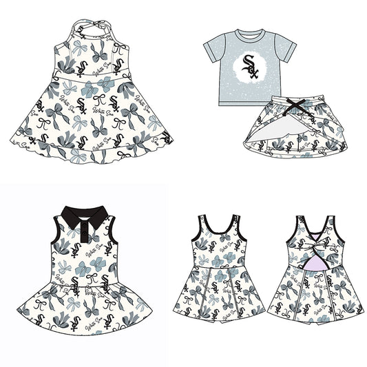 (Custom Design Preorder MOQ 5 Each Color) Team's WHITE SOX Bows Print Girls Summer Clothes Sisters Matching Wear