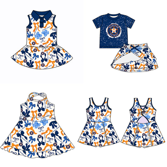 (Custom Design Preorder MOQ 5 Each Color) Team's HOUSTON ASTROS Bows Print Girls Summer Clothes Sisters Matching Wear