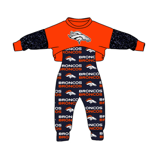 (Custom Design MOQ 5)  NO.7 Dark Orange Football Team's Print Girls Jumpsuits Clothes Set