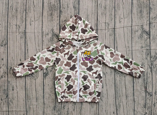 (Custom Design Preorder MOQ 5 Each Item) Team's LSU Tigers Green Brown Camo Print Kids Fall Zipper Hoodie Jackets Top Mom and Me Matching Clothes