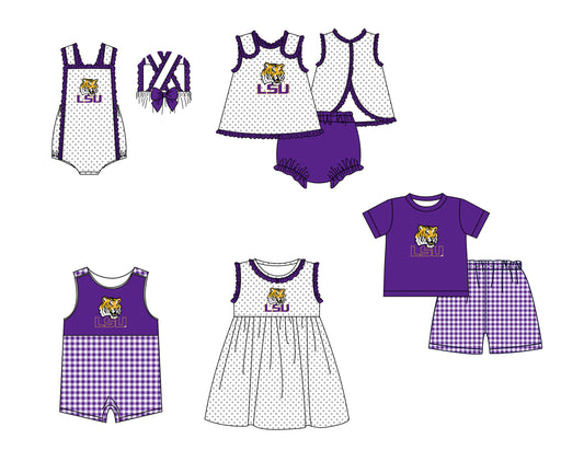 (Custom Design Preorder MOQ 5 Each Item) Team's LSU Tigers Print Kids Summer Matching Clothes Sibling Wear