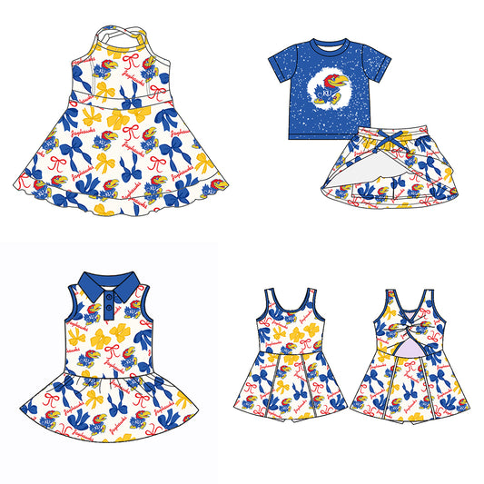 (Custom Design Preorder MOQ 5 Each Color) Team's JAYHAWKS Bows Print Girls Summer Clothes Sisters Matching Wear