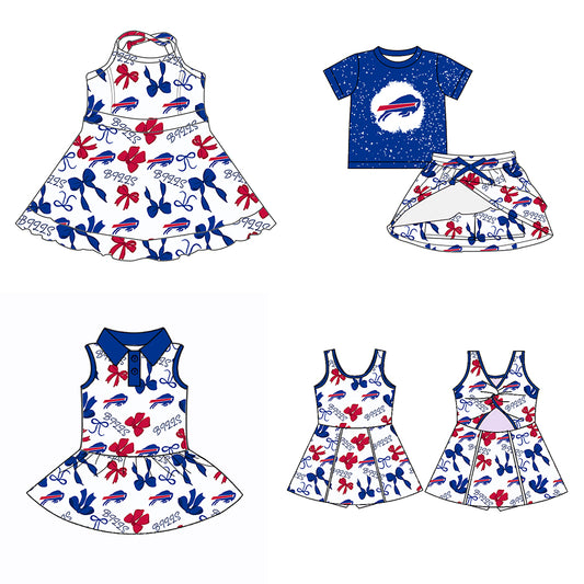 (Custom Design Preorder MOQ 5 Each Color) Team's BILLS Bows Print Girls Summer Clothes Sisters Matching Wear