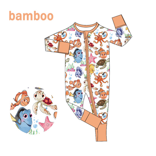 (Custom Design Preorder MOQ 20) Cartoon Fish Print Baby Girls Long Sleeve Bamboo Sleeper Zipper Romper