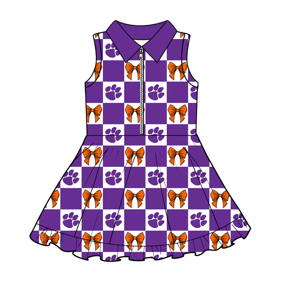 (Custom Design Preorder MOQ 5 Each Color) Team's Purple Paw Bows Plaid Print Girls Summer Clothes Sisters Matching Wear