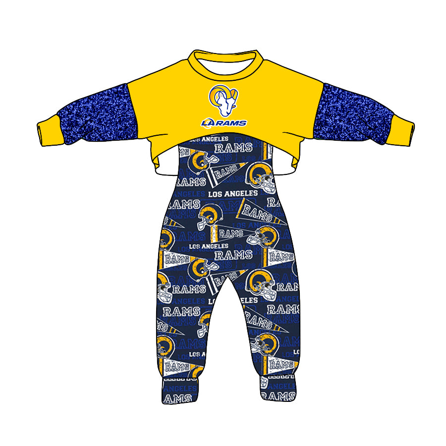 (Custom Design MOQ 5) Blue LA Football Team's Girls Jumpsuit Clothes Set