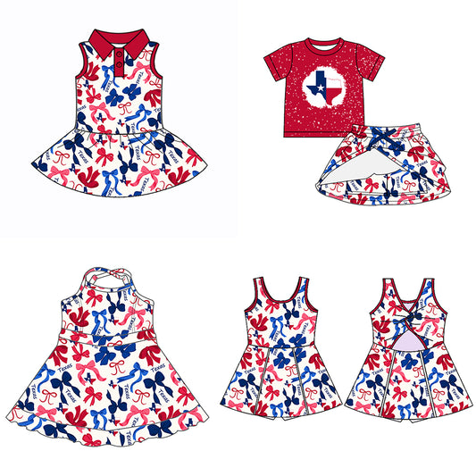 (Custom Design Preorder MOQ 5 Each Color) Team's TEXAS Bows Print Girls Summer Clothes Sisters Matching Wear