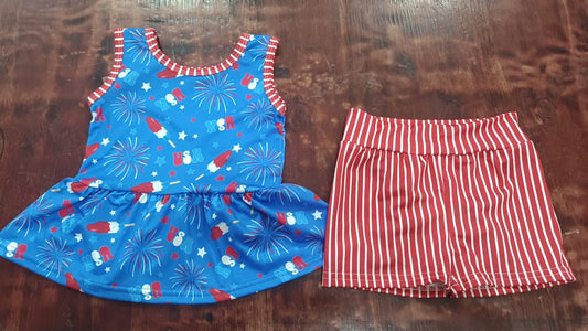 (Custom Design Preorder MOQ 5) Fireworks USA Popsicle Top Red Stripes Shorts Girls 4th of July Clothes Set