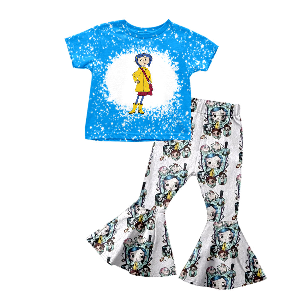 (Custom Design Preorder MOQ 5) Cartoon Coraline Blue Bleached Top White Bell Pants Girls Halloween Clothes Set