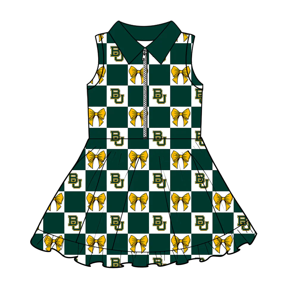 (Custom Design Preorder MOQ 5 Each Color) Team's Baylor University Bows Plaid Print Girls Summer Clothes Sisters Matching Wear
