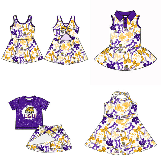 (Custom Design Preorder MOQ 5 Each Color) Team's LSU TIGERS Bows Print Girls Summer Clothes Sisters Matching Wear