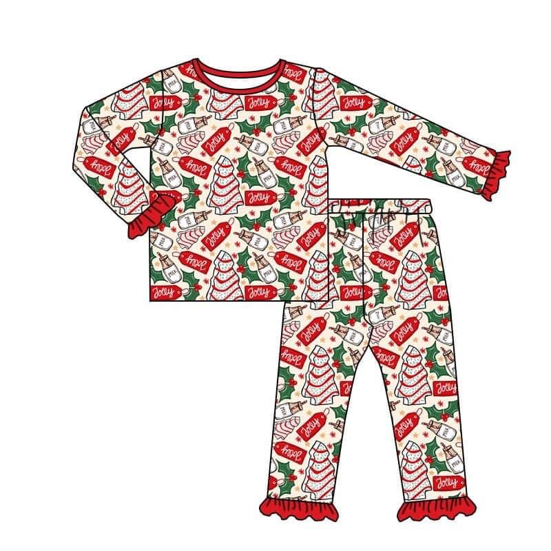 (Custom Design Preorder MOQ 5) Debbie Cake Milk Print Girls Christmas Pajamas Clothes Set