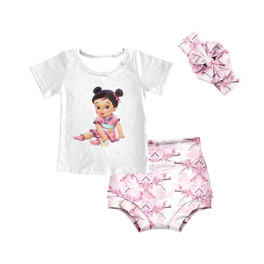 (Custom Design MOQ 5)  Baby Mulan Top Flowers Shorts Baby Girls Summer 3 Pieces Bummie Sets