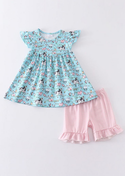 (Custom Design Preorder MOQ 5) Farm Animals Top Pink Plaid Shorts Girls Summer Clothes Set