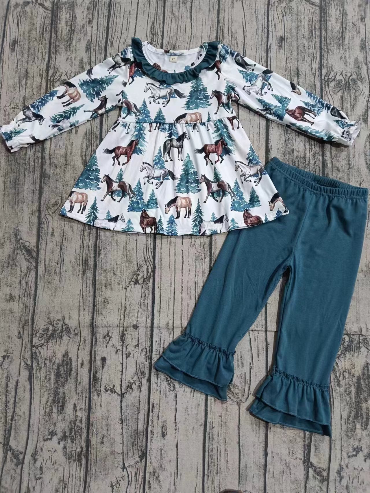 (Custom Design Preorder MOQ 3 ) Horse Tunic Top Ruffle Pants Girls Fall Clothes Set