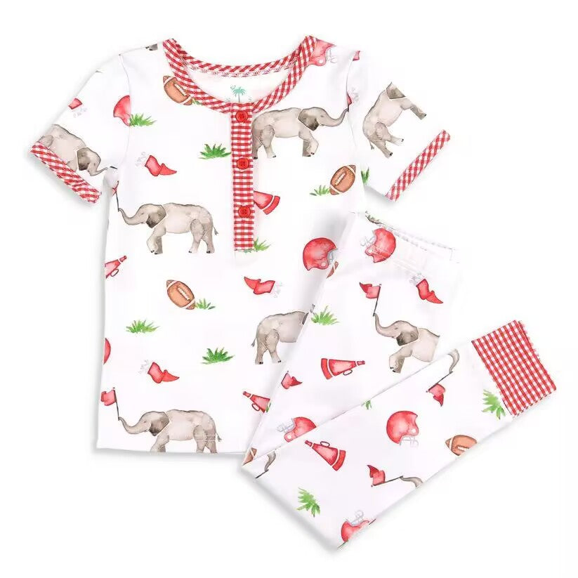 (Custom Design Preorder MOQ 5) Elephant Football Red Plaid Print Kids Pajamas Clothes Set