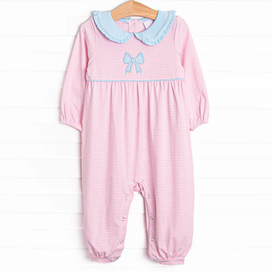 (Custom Design Preorder MOQ 5) Bow Pink Stripes Print Baby Girls Fall Romper