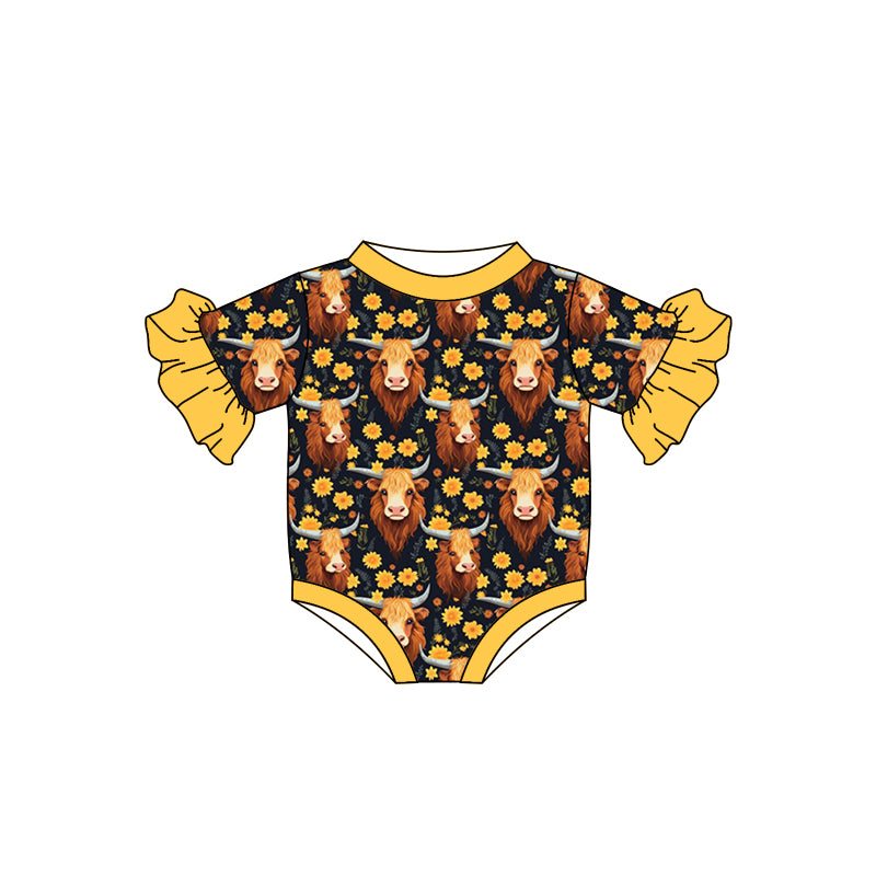 (Custom Design MOQ 5) Highland Cow Sunflowers Print Baby Girls Romper