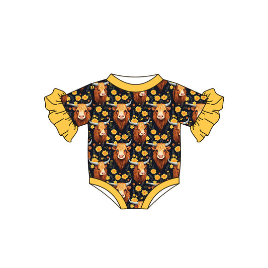 (Custom Design MOQ 5) Highland Cow Sunflowers Print Baby Girls Romper